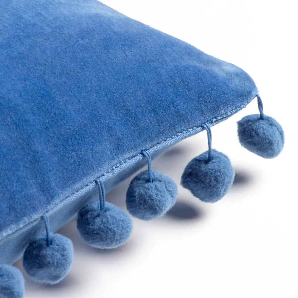 Dora Square Cushion with Pom Poms - Blue, Velvet
