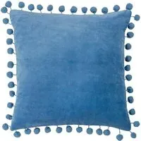 Dora Square Cushion with Pom Poms - Blue, Velvet