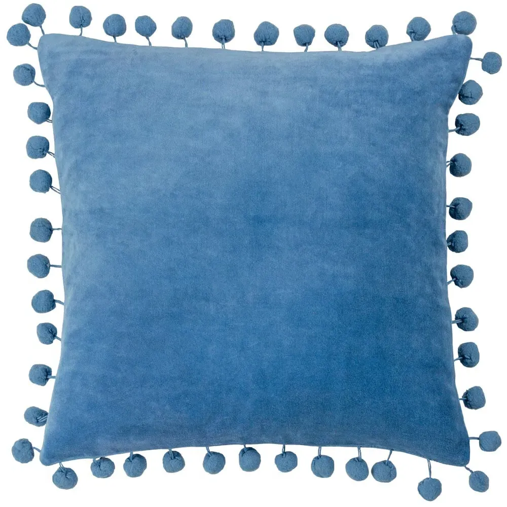 Dora Square Cushion with Pom Poms - Blue, Velvet