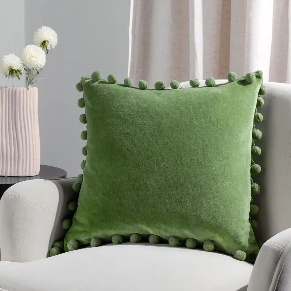 Dora Square Cushion with Pom Poms - Green, Velvet