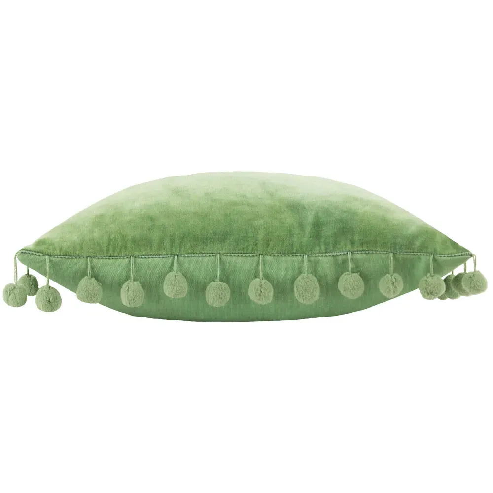 Dora Square Cushion with Pom Poms - Green, Velvet