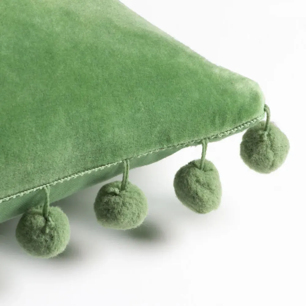 Dora Square Cushion with Pom Poms - Green, Velvet