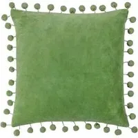 Dora Square Cushion with Pom Poms - Green, Velvet