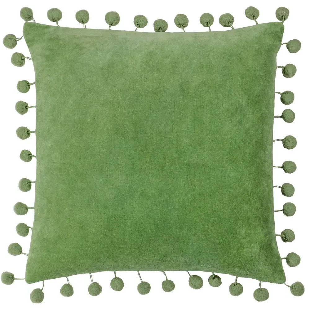 Dora Square Cushion with Pom Poms - Green, Velvet
