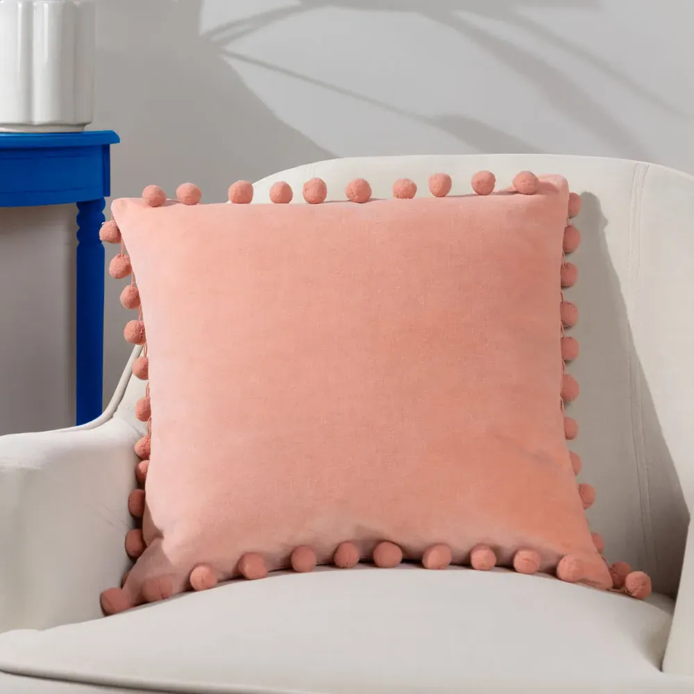 Dora Square Cushion with Pom Poms - Pink, Velvet