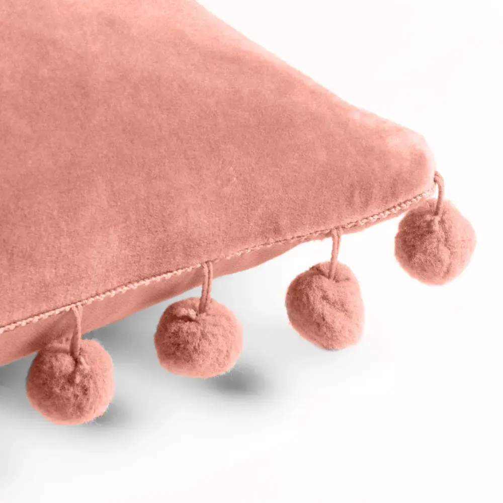 Dora Square Cushion with Pom Poms - Pink, Velvet