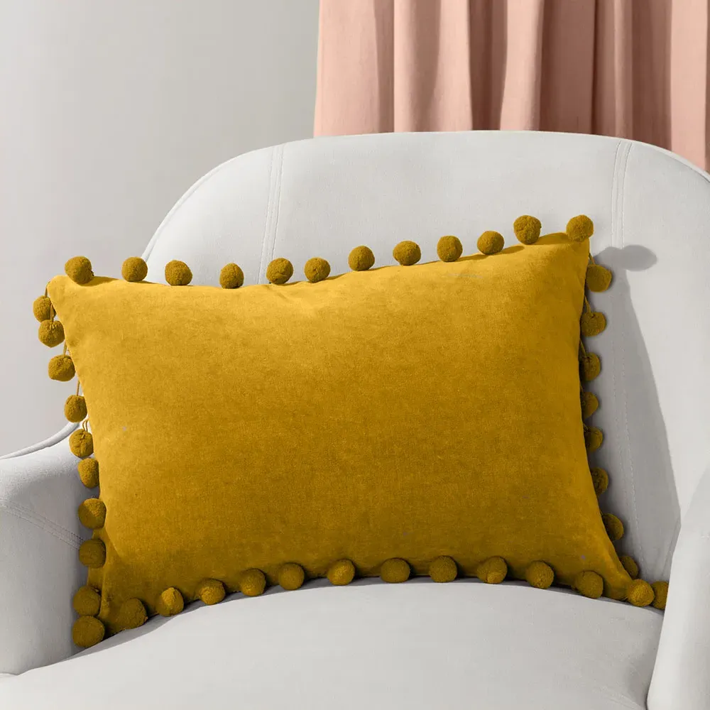 Dora Velvet Pom Pom Cushion - Ochre