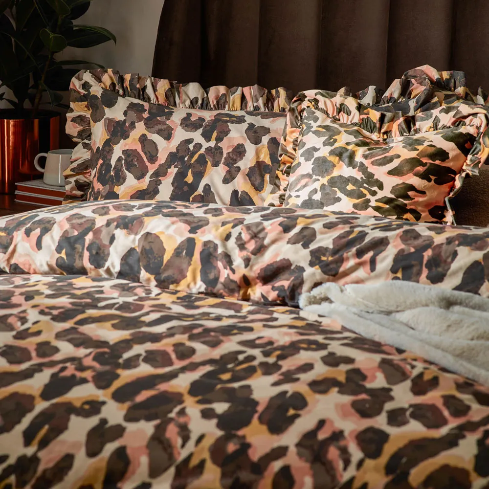 Double Leopard Printed Frill Trim Duvet Set - Multi