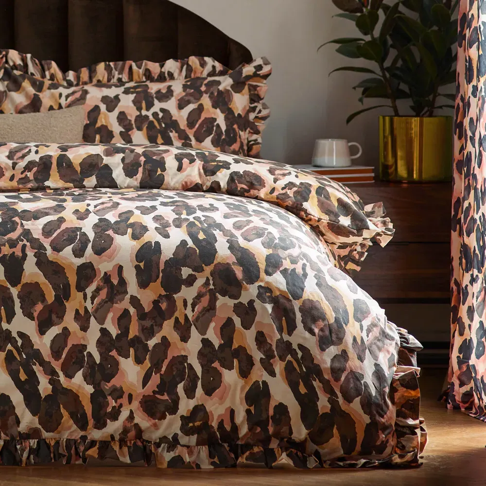 Double Leopard Printed Frill Trim Duvet Set - Multi