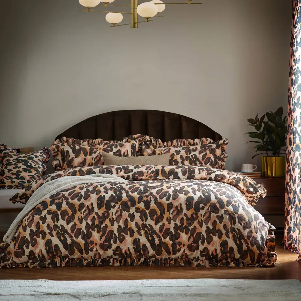Double Leopard Printed Frill Trim Duvet Set - Multi