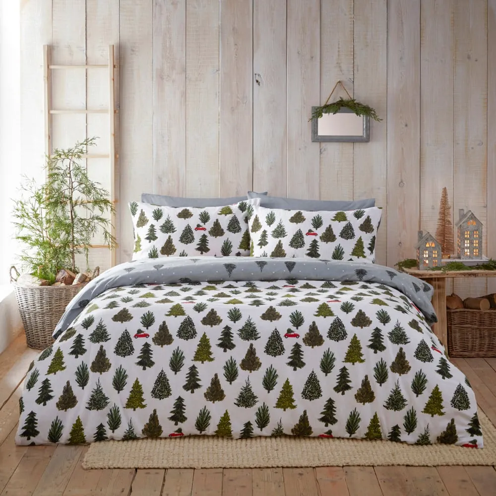 Evergreen Double Duvet Cover Set - Green, Brushed Cotton