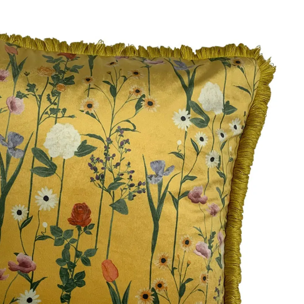 Fleura Ochre Floral Velvet Cushion - Yellow