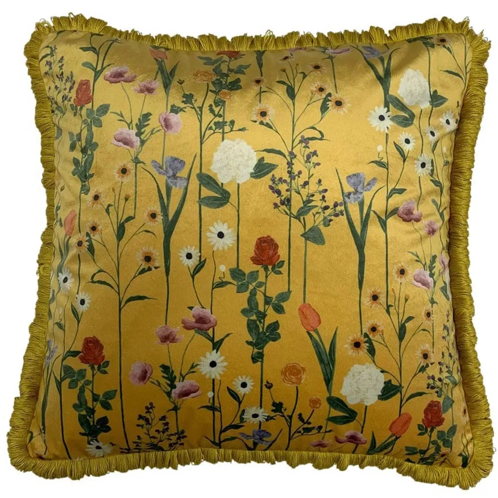 Fleura Ochre Floral Velvet Cushion - Yellow image