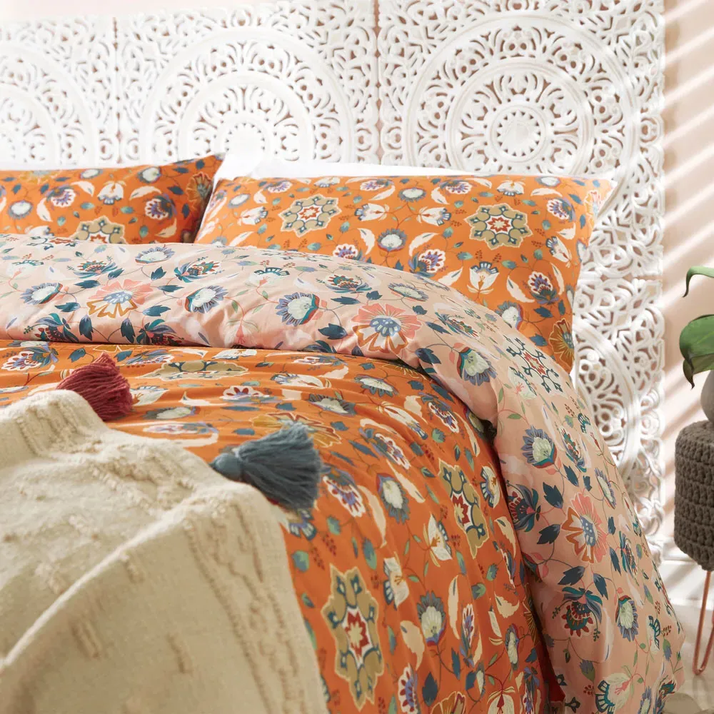 Folk Flora Super King Duvet Set - Orange, Polycotton