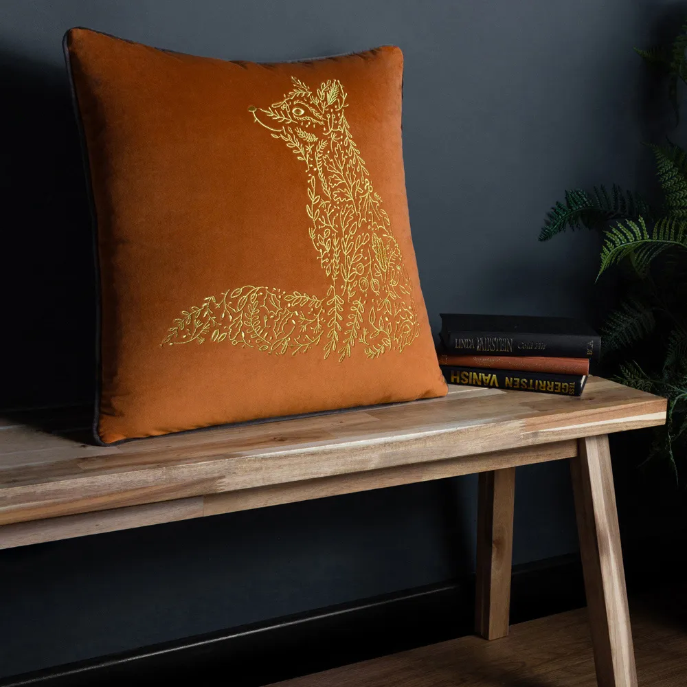Forest Fauna Fox Velvet Piped Cushion - Rust, Gold