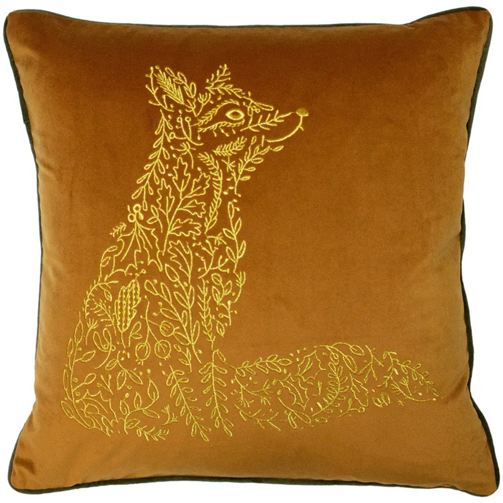 Forest Fauna Fox Velvet Piped Cushion - Rust, Gold image