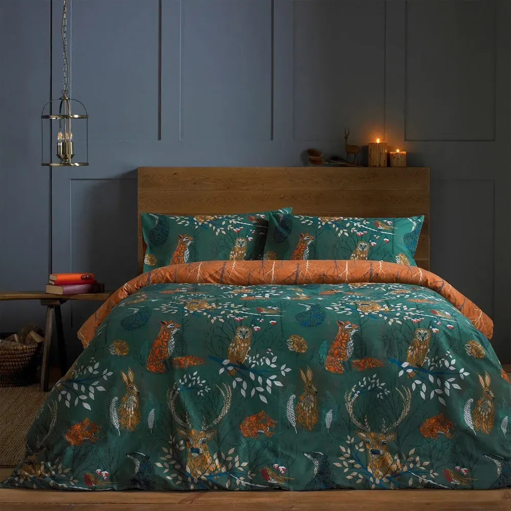 Forest Fauna King Size Duvet Set - Green, Polycotton
