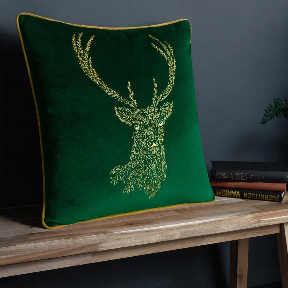 Forest Fauna Stag Velvet Piped Cushion - Emerald, Gold