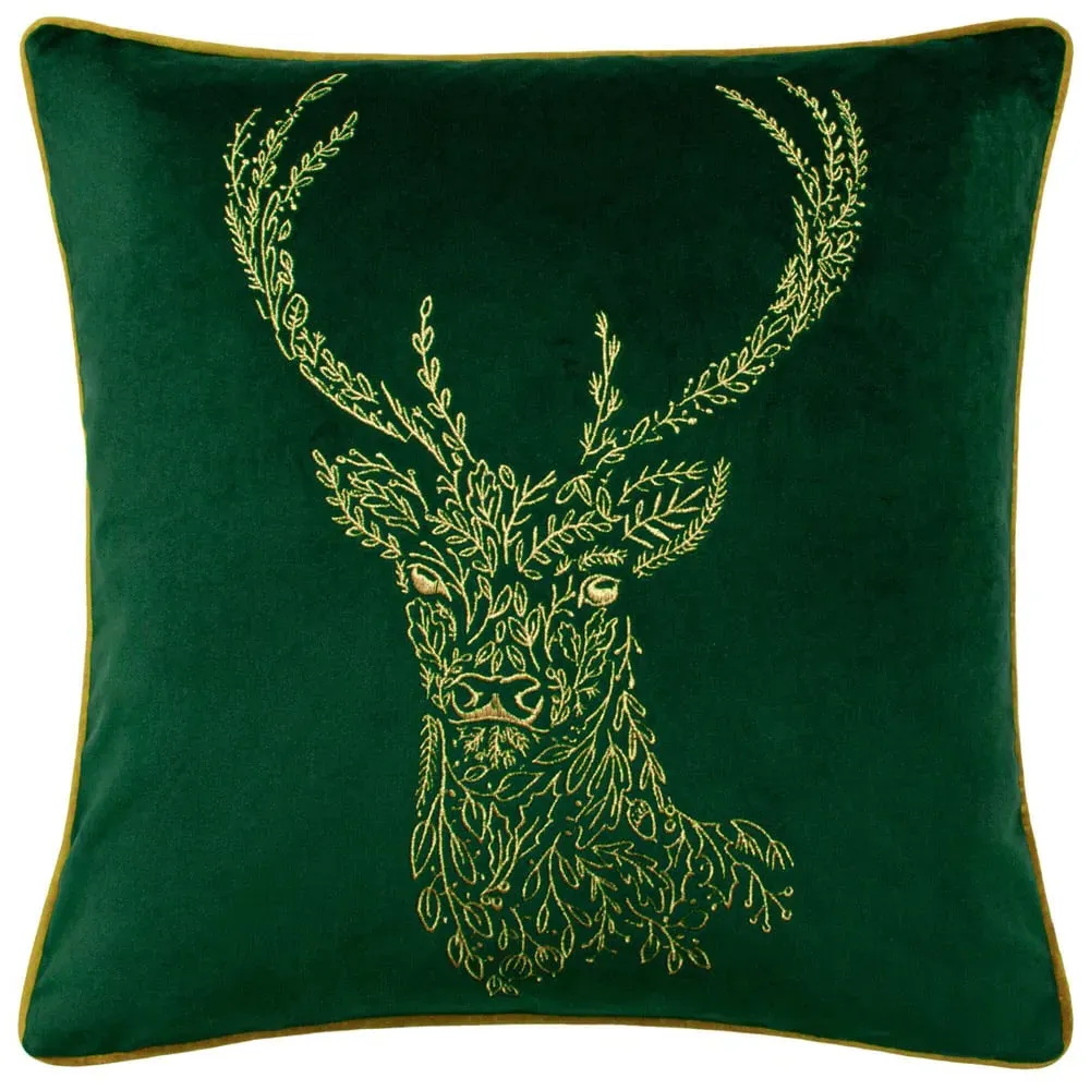 Forest Fauna Stag Velvet Piped Cushion - Emerald, Gold image