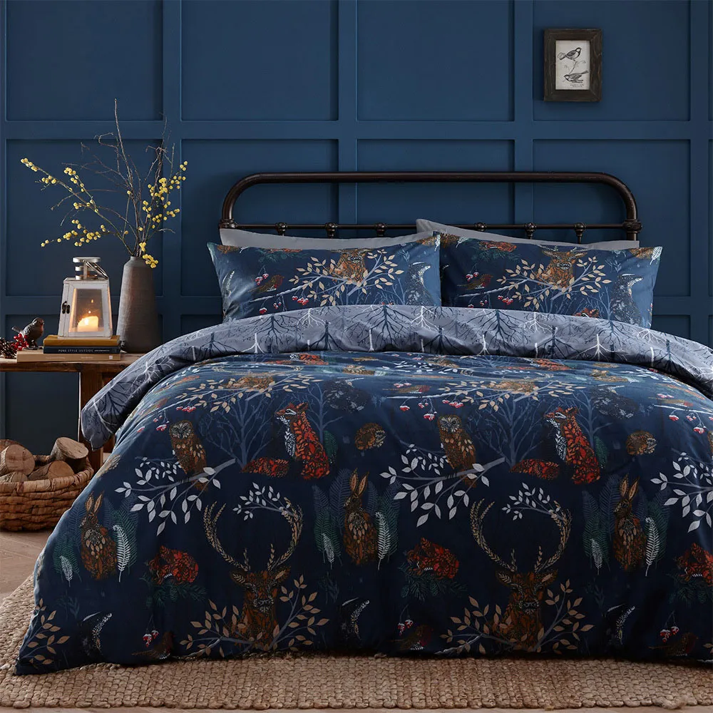 Forest Fauna Super King Duvet Set - Navy, Polycotton