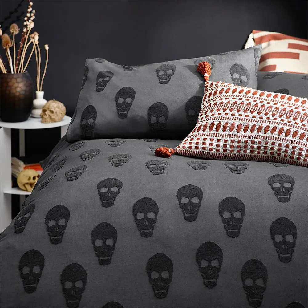 furn. Skulls Single Duvet Set - Charcoal, Cotton