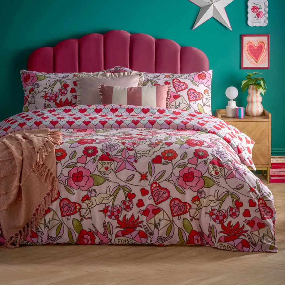 Glass Double Hearts Printed Duvet Set - Pink, Polycotton