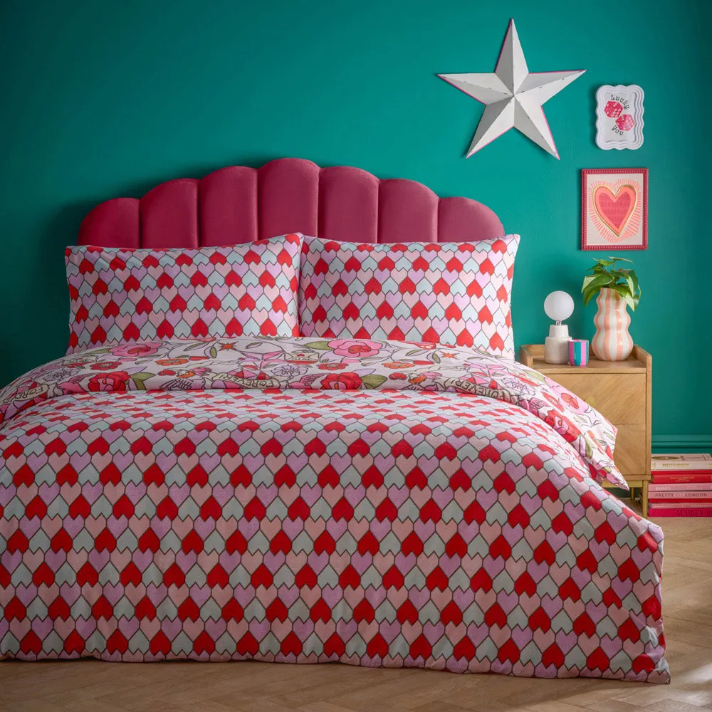 Glass King Size Hearts Printed Duvet Set - Pink, Polycotton
