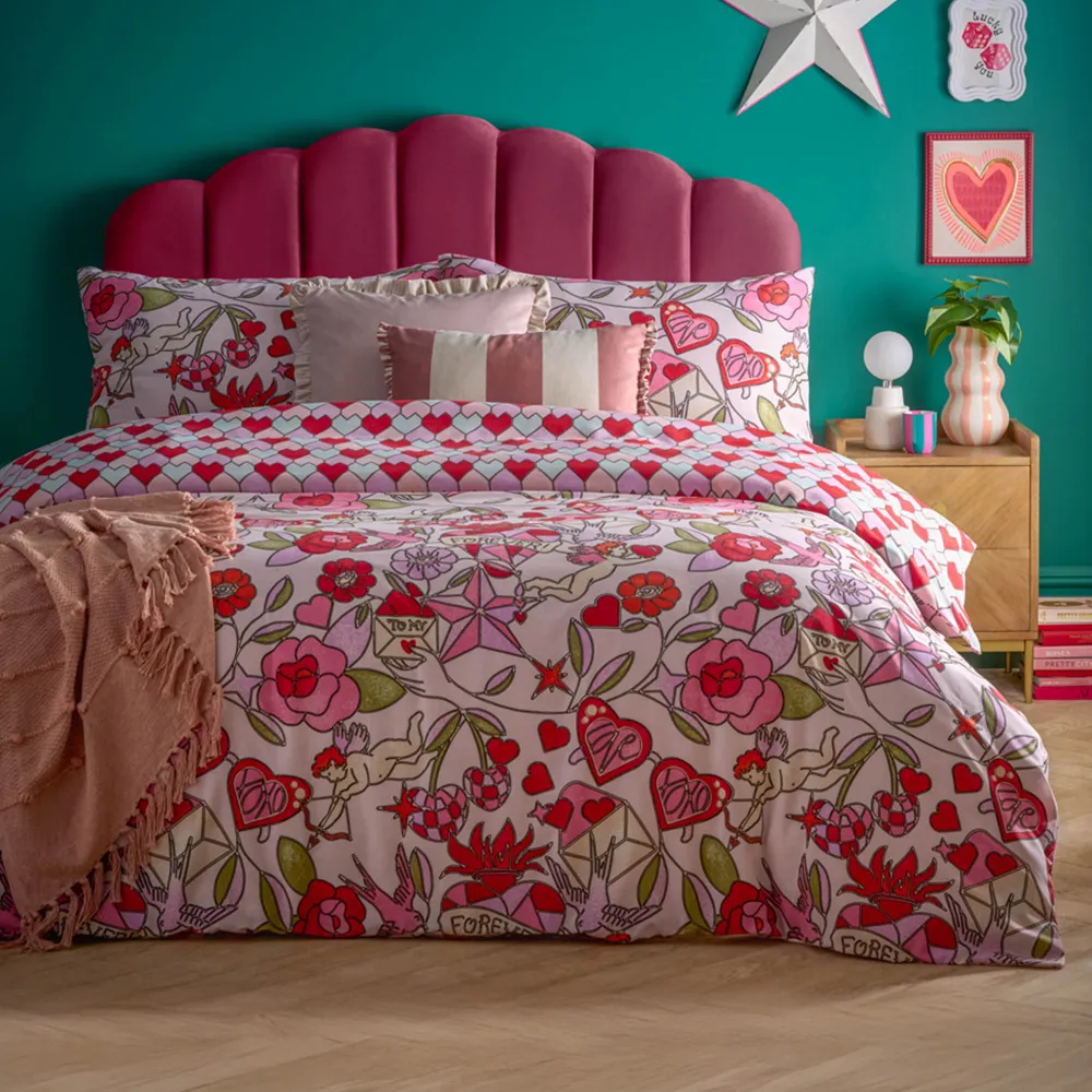 Glass Single Hearts Printed Duvet Set - Pink, Polycotton image