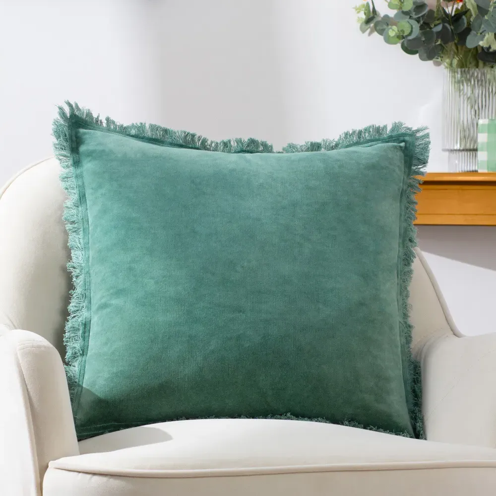 Gracie Fringed Cushion - Teal, Velvet