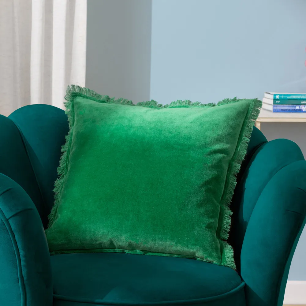 Gracie Velvet Fringed Cushion - Green, Cotton