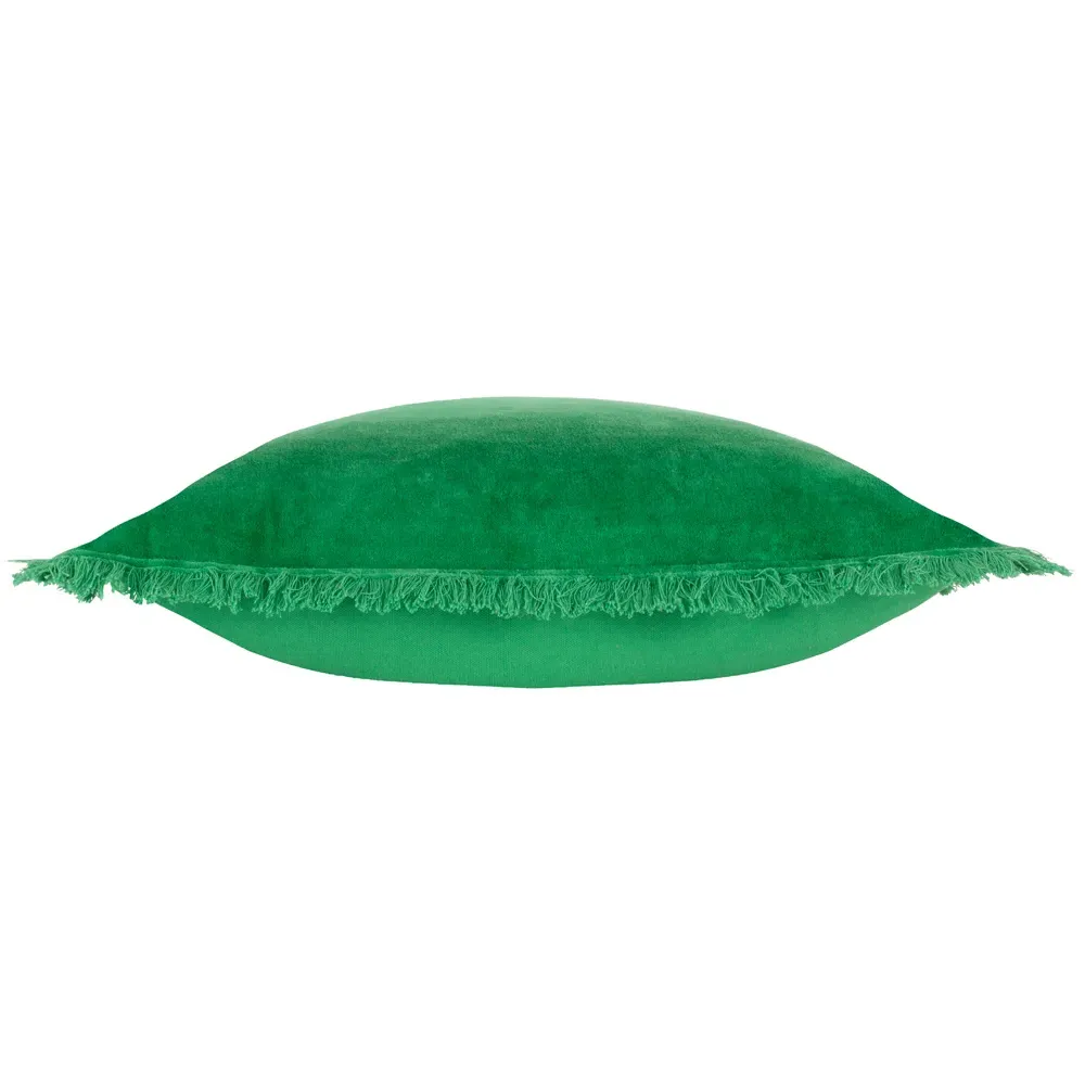 Gracie Velvet Fringed Cushion - Green, Cotton