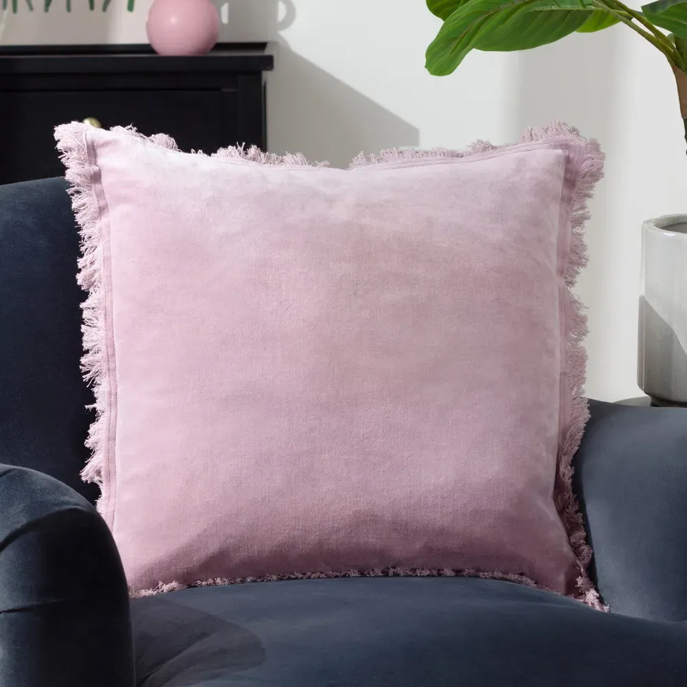 Gracie Velvet Fringed Cushion - Purple, Cotton
