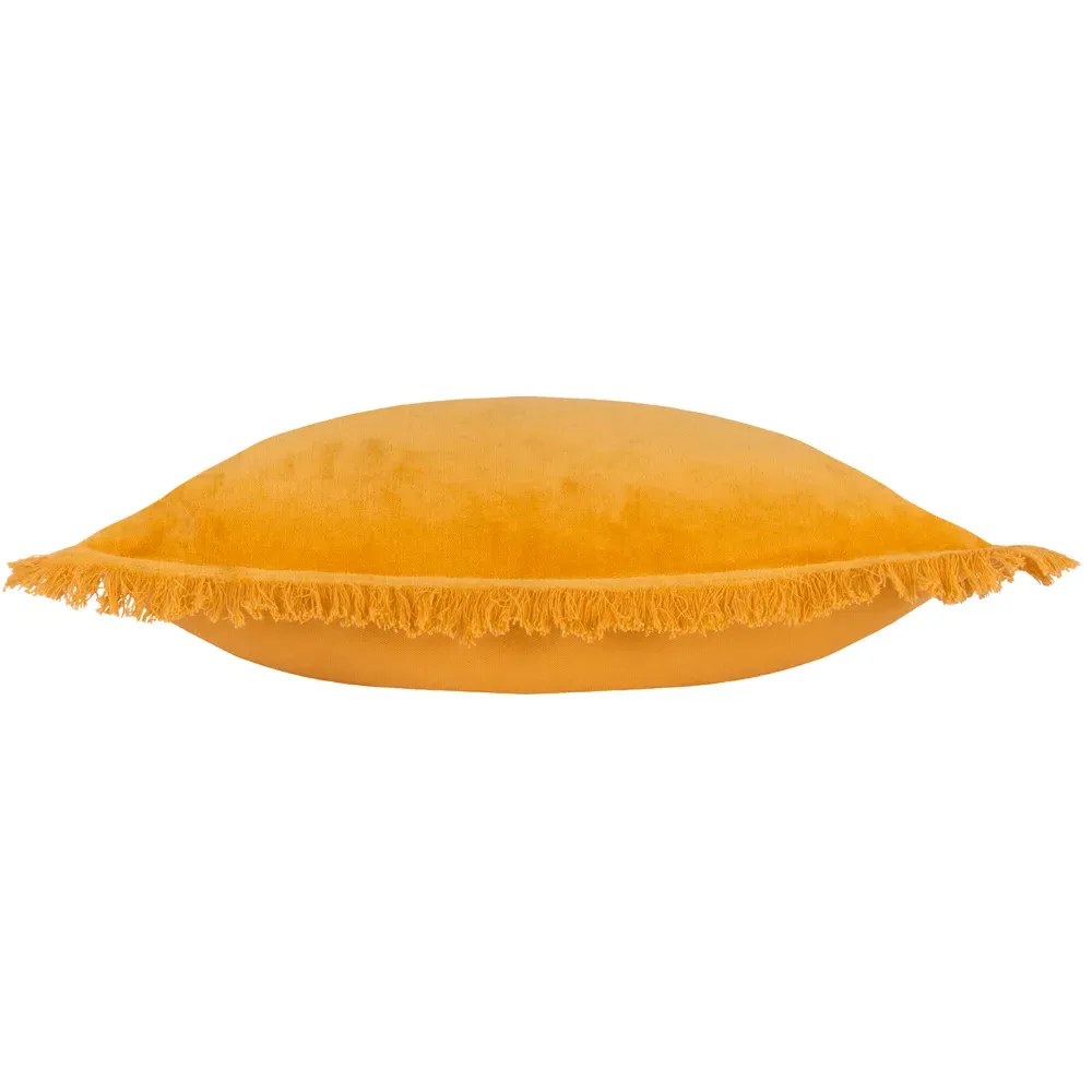 Gracie Velvet Fringed Cushion - Yellow, Cotton