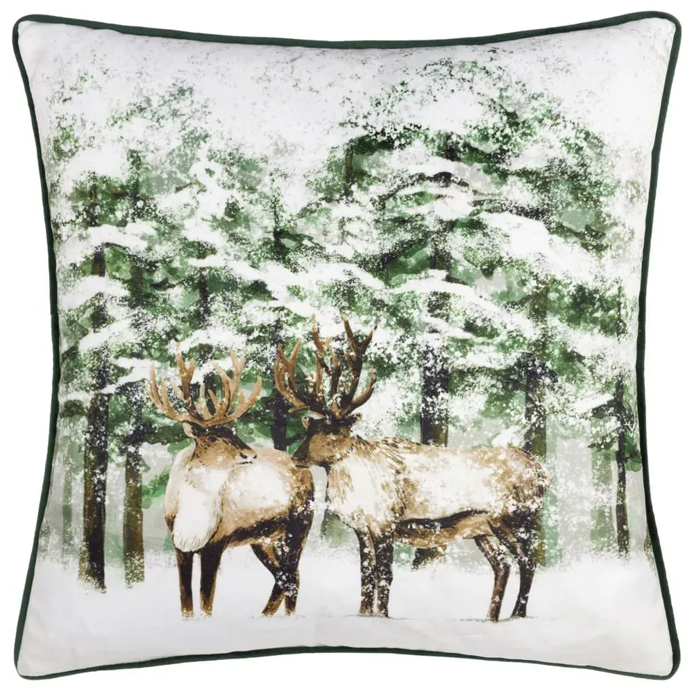 Green Reindeer Velvet Piped Cushion - Green, Velvet image