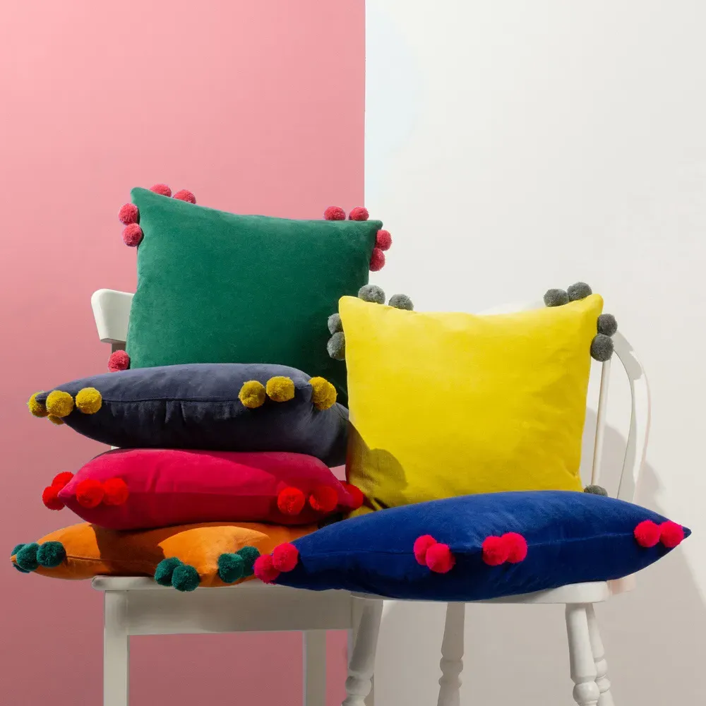 Hoola Pom Pom Cushion - Blue, Cotton