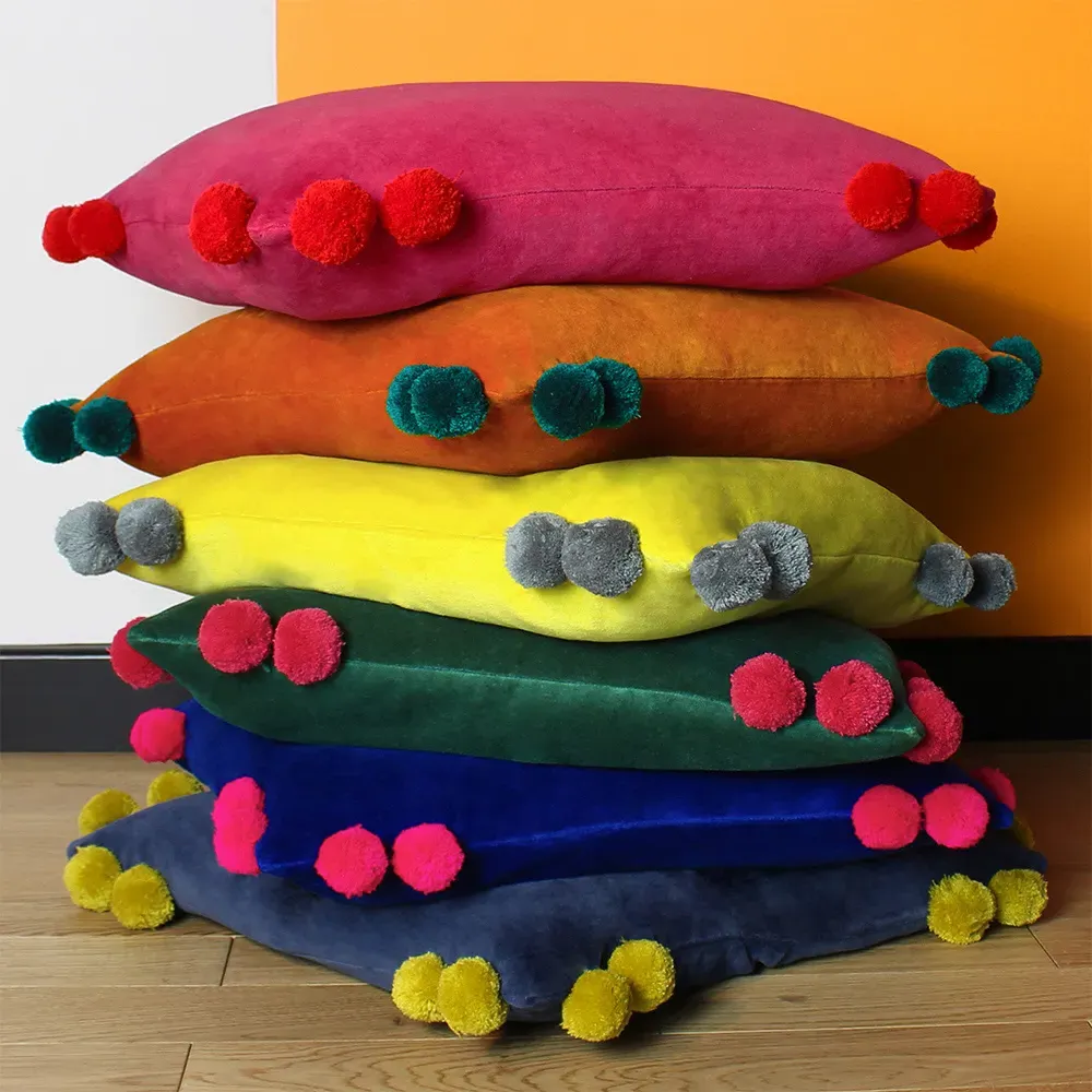 Hoola Pom Pom Cushion - Blue, Cotton