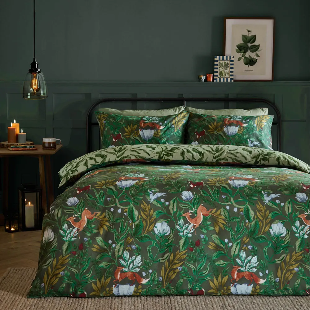 Into The Woods Single Duvet Set Reversible - Green, Cotton