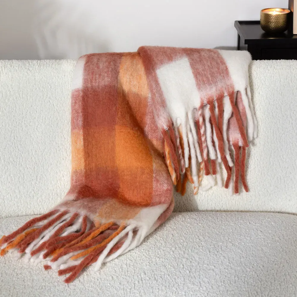 Juno Check Throw - Cinnamon, Faux Mohair