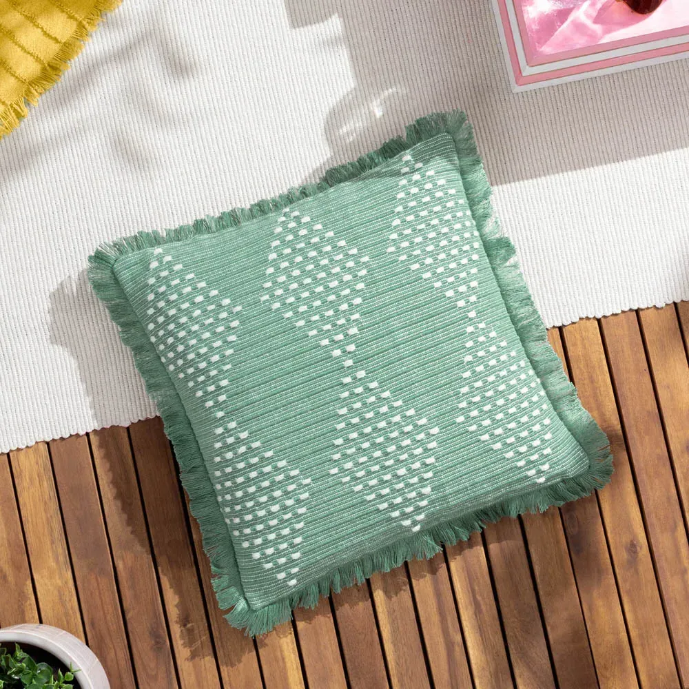 Kadie Woven Cushion with Fringe - Green, Recycled PET