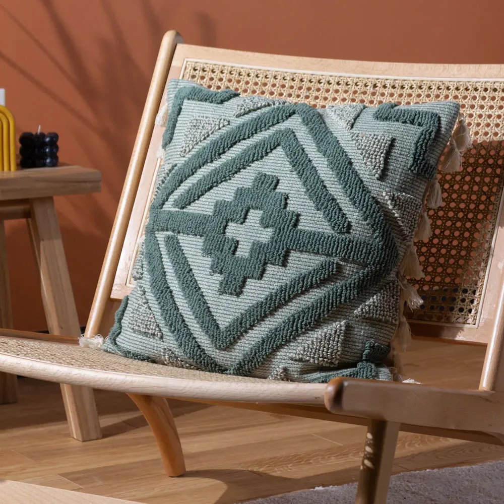 Kalai Geometric Tufted Cushion - Eucalyptus, Cotton