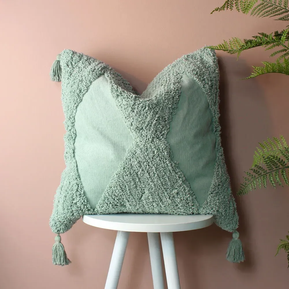 Kantha Tufted Diamond Cushion - Eucalyptus Green, Cotton