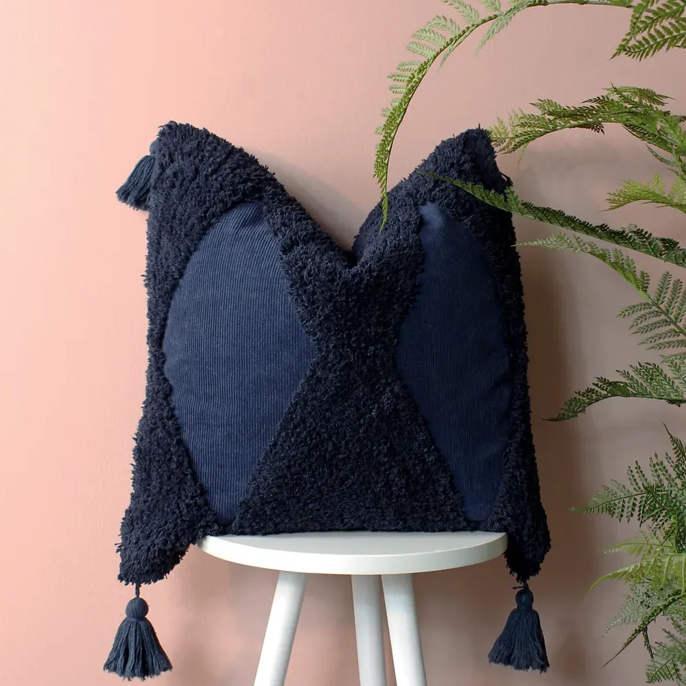 Kantha Tufted Diamond Cushion - Navy Blue, Cotton