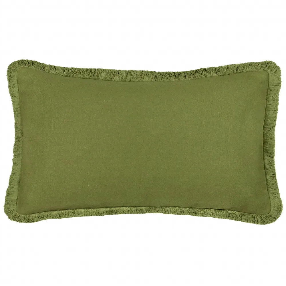 Leaves Embroidered Cushion with Fringe - Green, Polyester