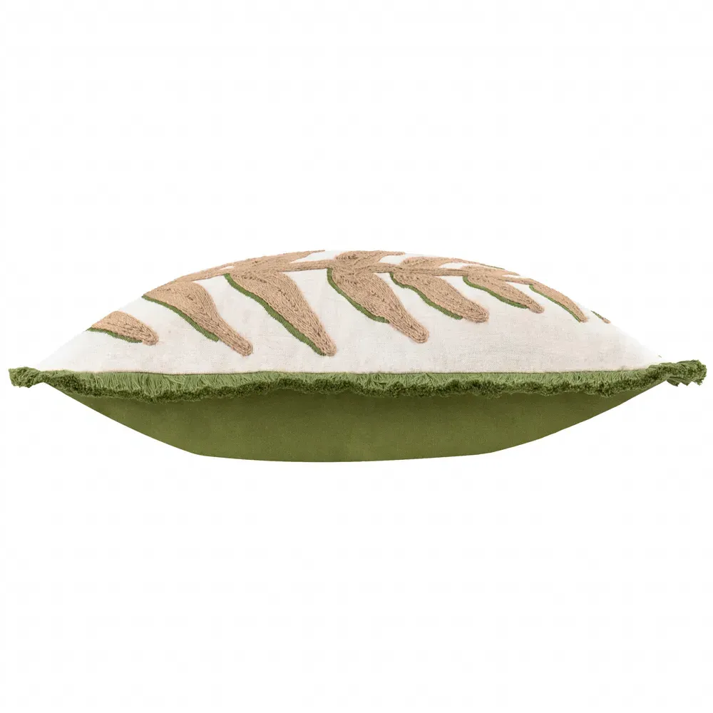 Leaves Embroidered Cushion with Fringe - Green, Polyester