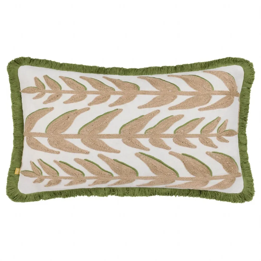 Leaves Embroidered Cushion with Fringe - Green, Polyester