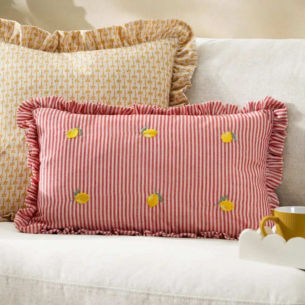 Les Fleurs Lemons Embroidered Ruffle Cushion - Yellow, Polyester