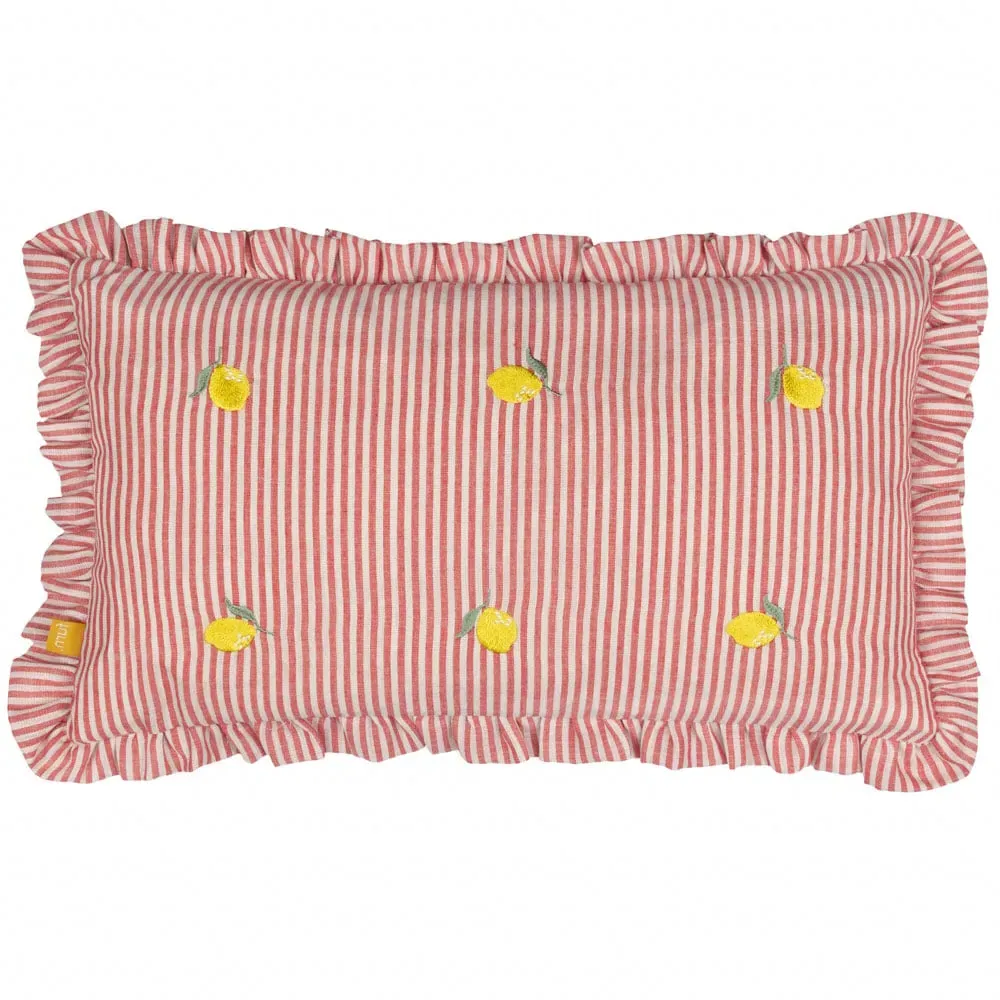 Les Fleurs Lemons Embroidered Ruffle Cushion - Yellow, Polyester