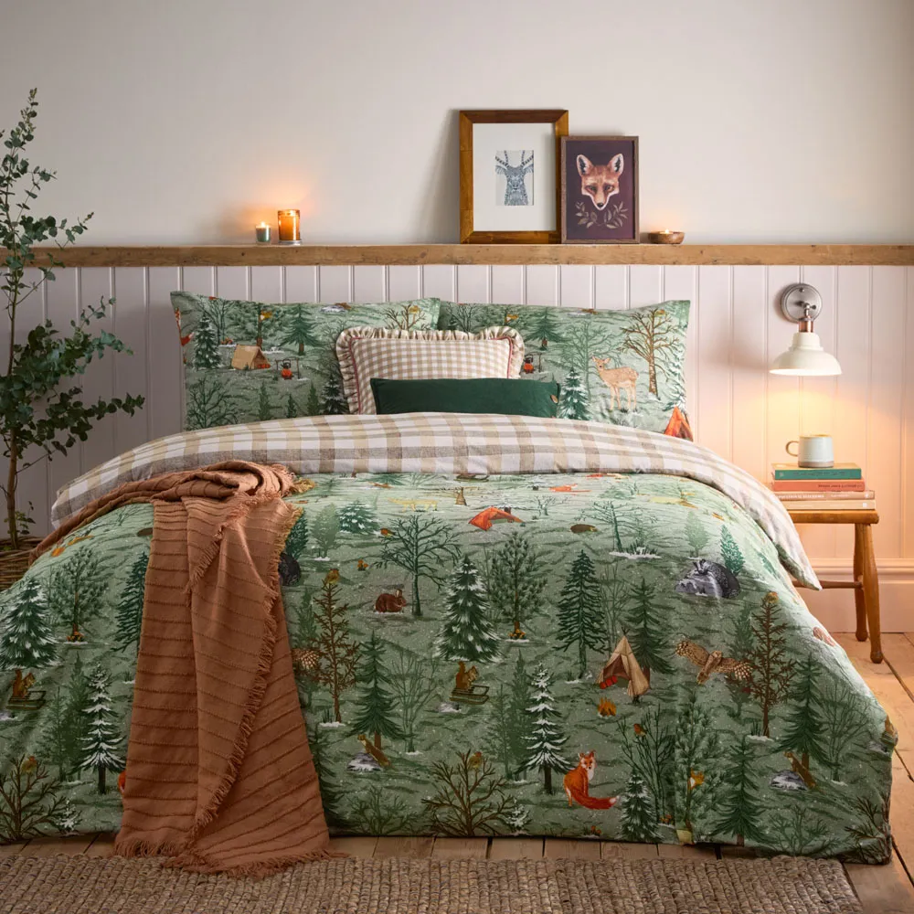 Lodge Wood Double Duvet Set - Green, Cotton