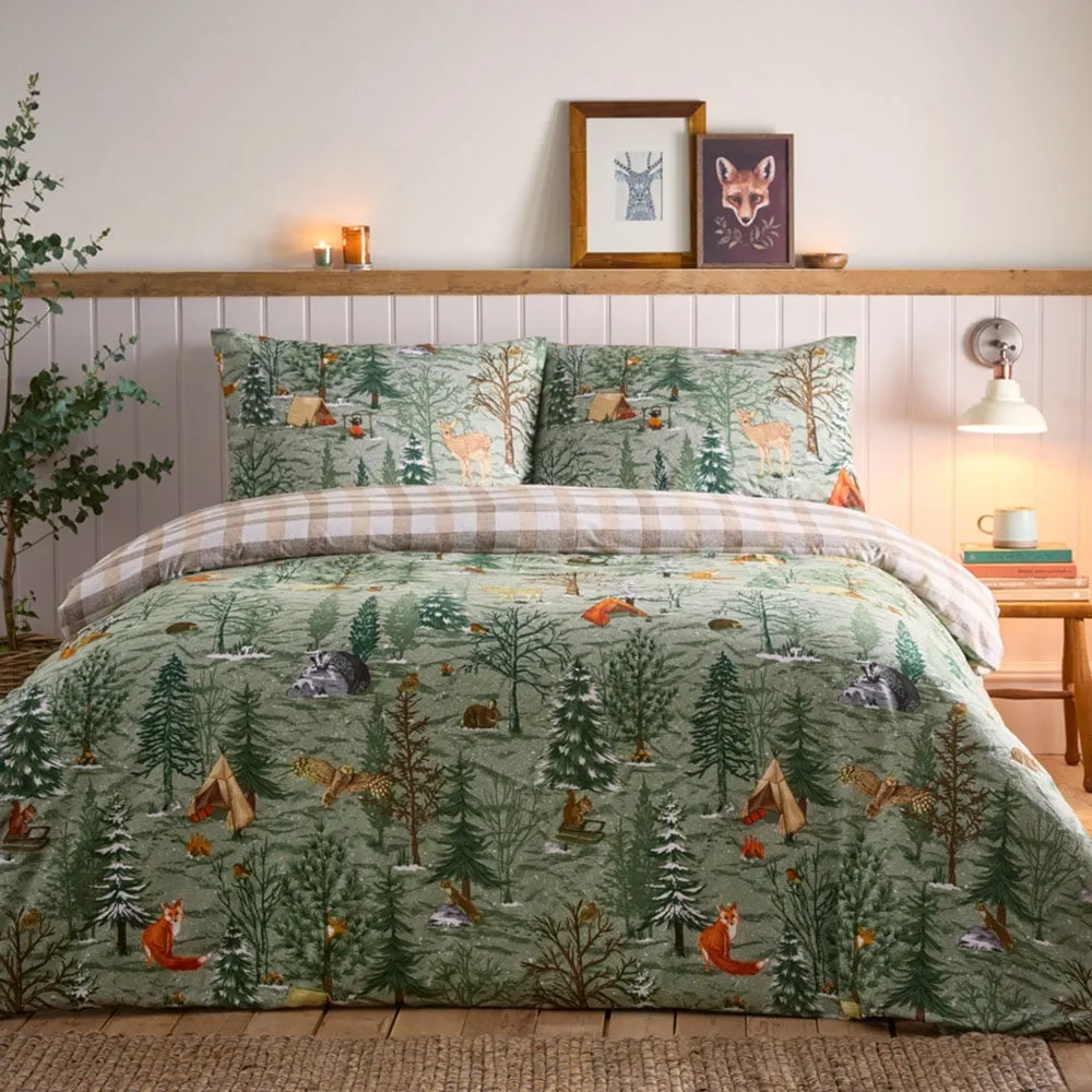 Lodge Wood Double Duvet Set - Green, Cotton