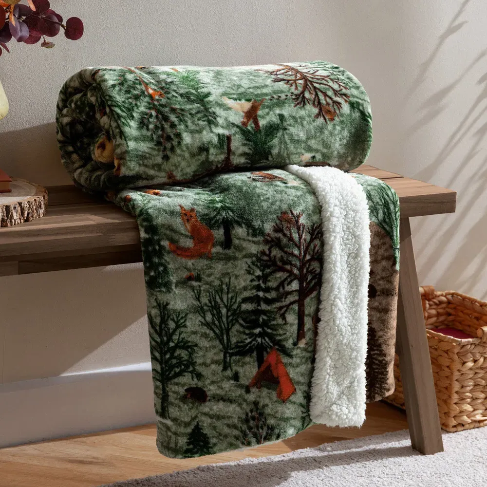 Lodge Wood Throw - Green, Sherpa Fleece